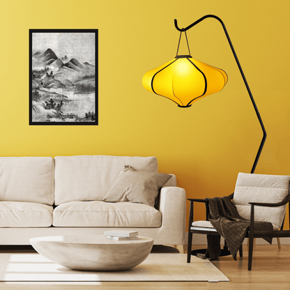 Black metal floor lamp stand for Lumi Lantern, measuring 38x213.5cm, designed for lighting and decor.