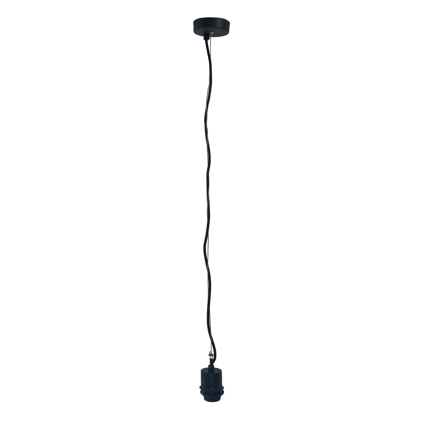 Black pendant electric unit with stainless steel wire and fabric power cable, suitable for E27 lighting fixtures.