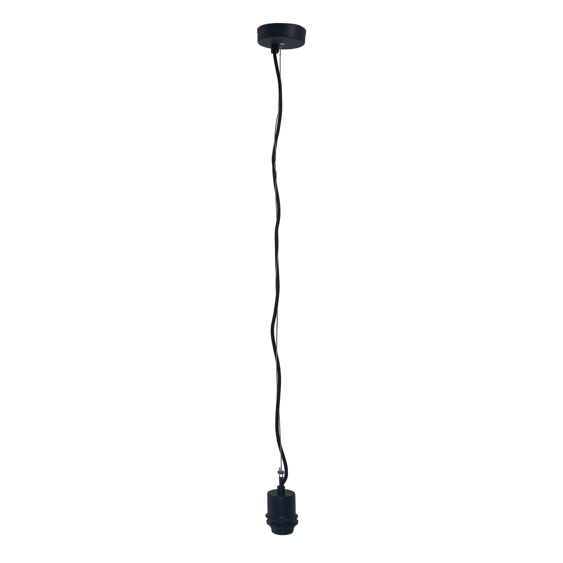 Black pendant electric unit with stainless steel wire and fabric power cable, suitable for E27 lighting fixtures.