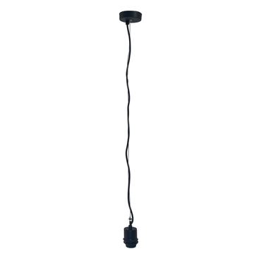 Black pendant electric unit with stainless steel wire and fabric power cable, suitable for E27 lighting fixtures.