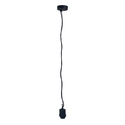 Black pendant electric unit with stainless steel wire and fabric power cable, suitable for E27 lighting fixtures.