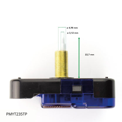 Close-up of NeXtime Clocks Step Movement 23.5mm (PMYT235TP) with long shaft, showing detailed mechanical components.