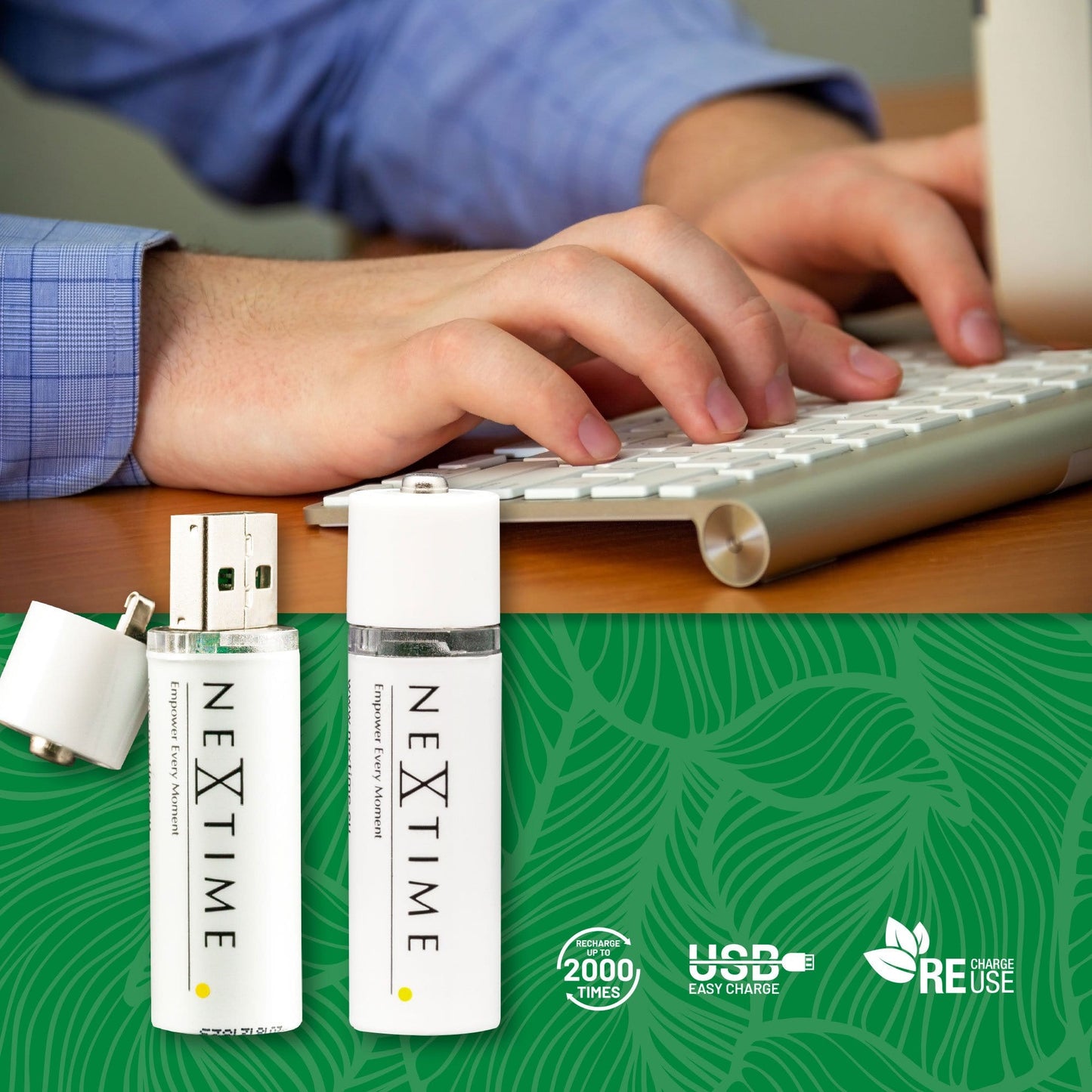 Two NeXtime Clocks AA USB batteries, empty content with USB connector visible, used for powering clocks or electronic devices.