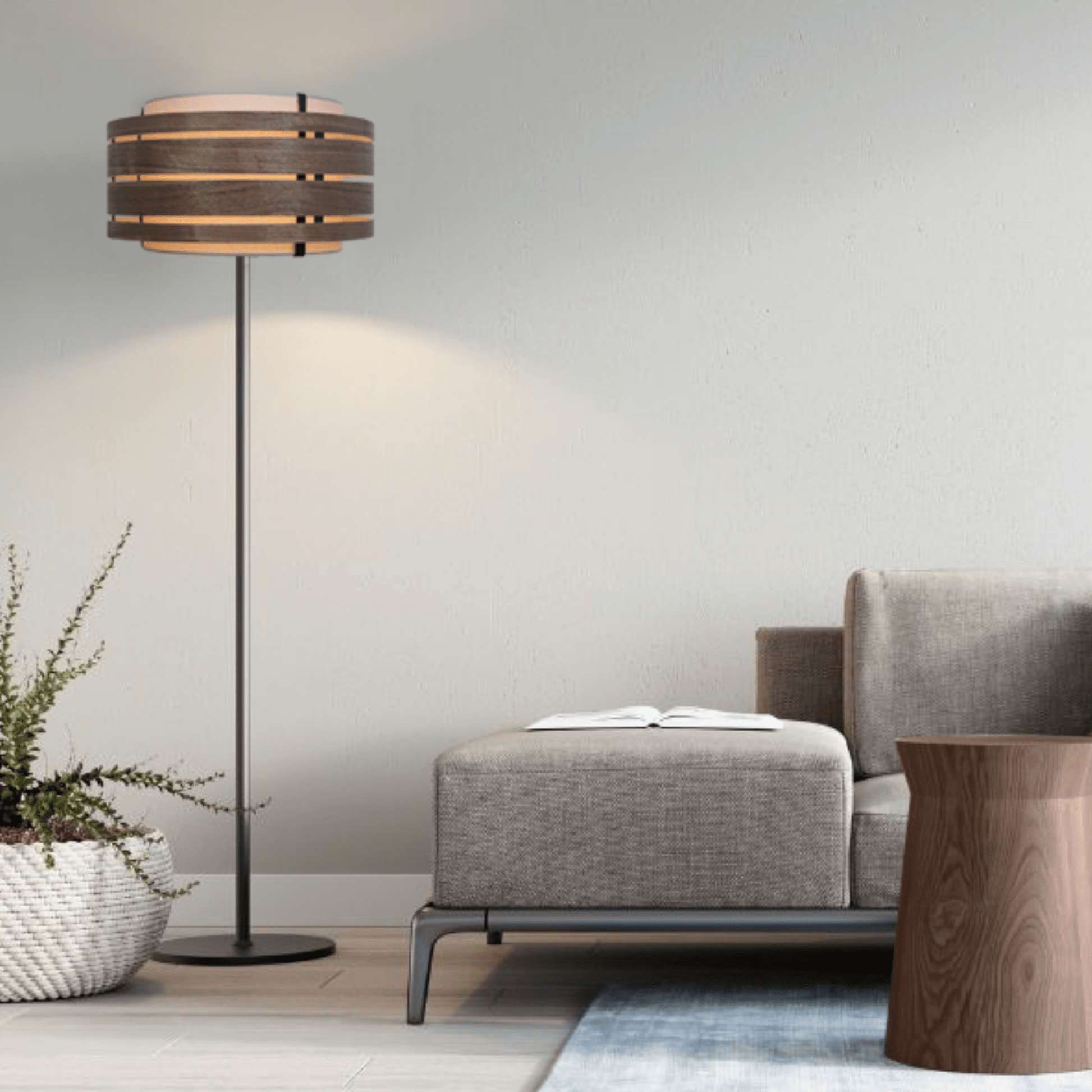 Dark walnut wood and fabric lamp shade, 50 cm, from NeXtime Clocks' Beam lighting shade collection.