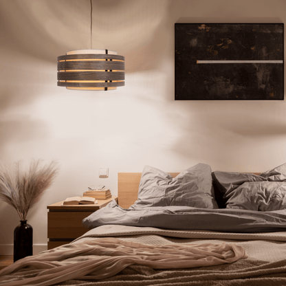 Black pendant electric unit with stainless steel wire, fabric power cable, designed for universal E27 lighting fixtures.