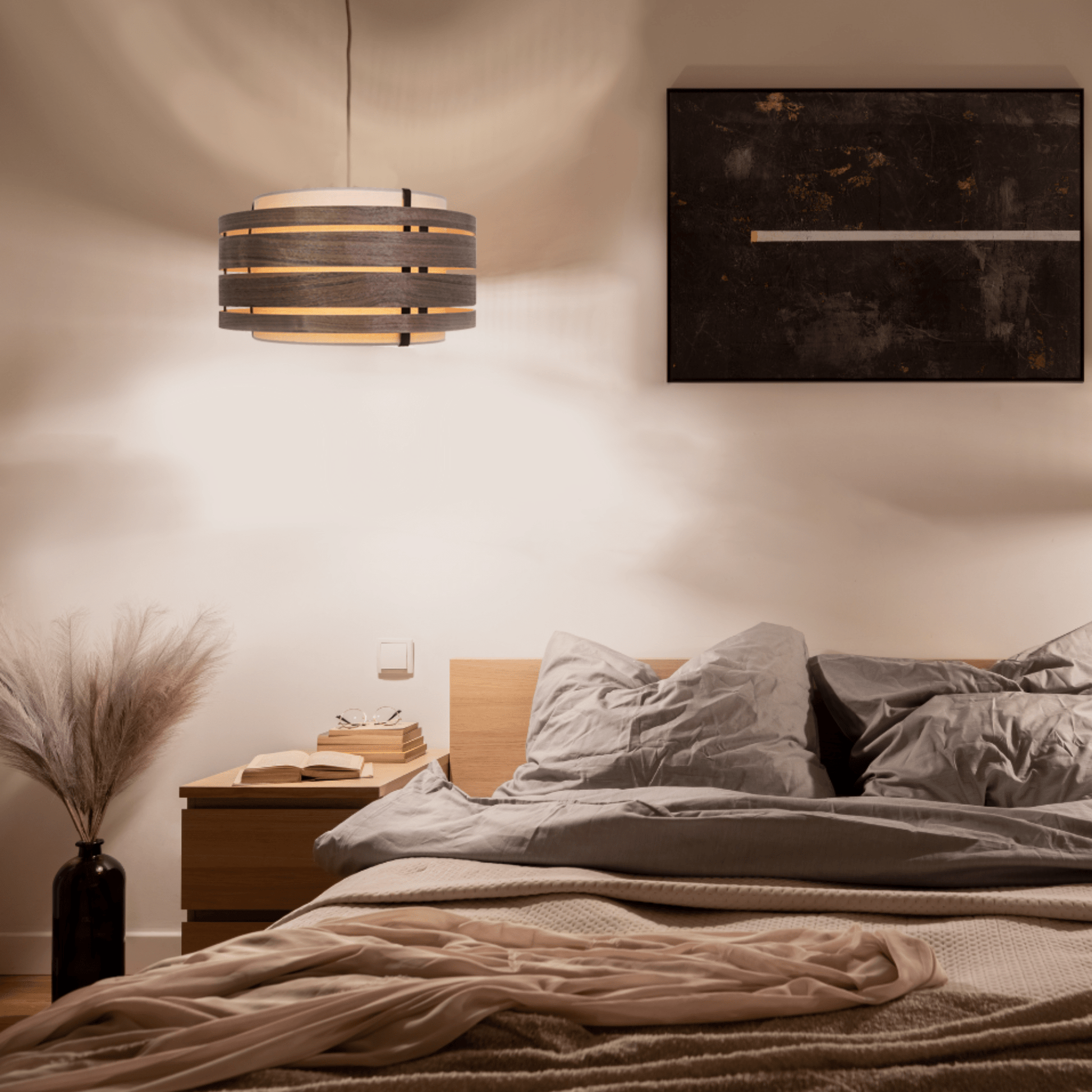 Dark walnut wood and fabric lamp shade by NeXtime Clocks, 50 cm diameter, modern lighting shade with sleek design.