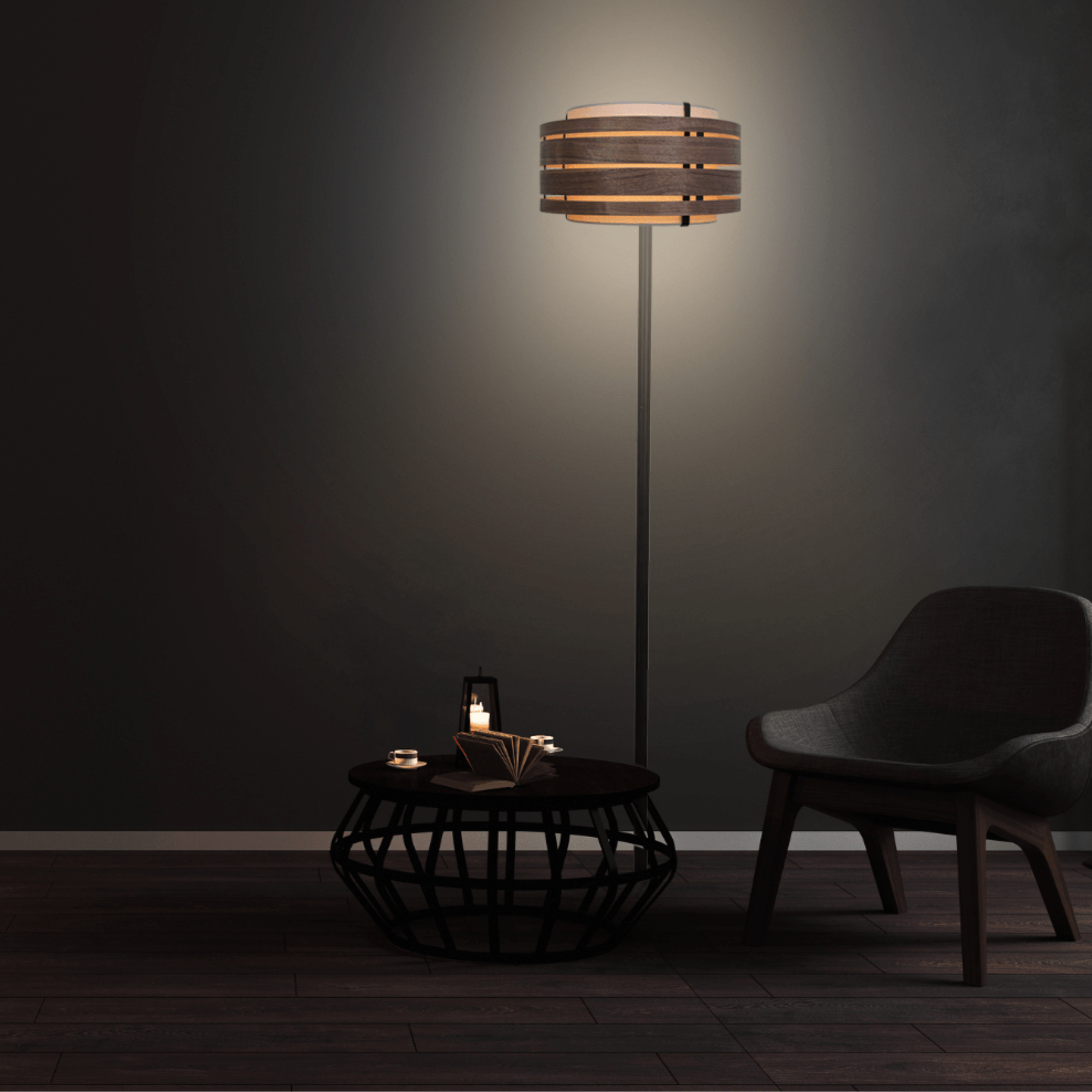 Donkere walnoothouten lampenkap van 40 cm van NeXtime Clocks, gemaakt van hout en stof, geschikt voor hanglampen.