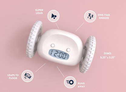 White Clocky alarm clock on wheels by NeXtime Clocks, shown from overhead angle with a white face and black hands.